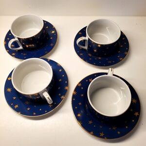 SAKURA Galaxy Blue Indonesia - Four Flat Cup & Saucer Sets, 18k Gold Stars.